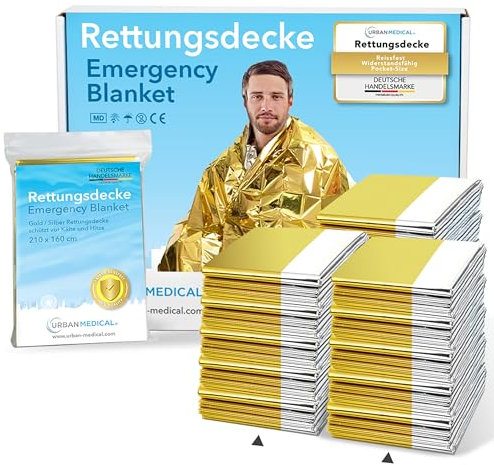 URBAN MEDICAL Mantas Termicas Supervivencia - Protección contra el frío y el calor - 5-15 piezas - Mantas Emergencia reversibles - Oro/plata - Grandes Mantas Isotermicas de Primeros Auxilios-210x160cm