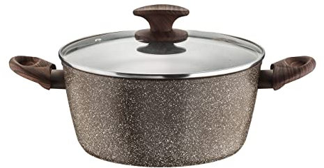 Pintinox Casseruola Alluminio Serie Natura, Antiaderente Effetto Pietra, Manico Effetto Legno, Coperchio in vetro con pomolo soft-touch effetto legno, Adatta all'Induzione, Diametro 20 cm