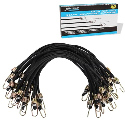 XSTRAP Standard 25,4 cm Mini-Bungee-Seile, 20 Stück, Gummi, Dehnbare Bungee-Seile mit Stahlhaken für Planenabdeckungen, Leinwand-Vordächer, Motorrad, Fracht, zum Aufhängen von Weihnachtsschmuck