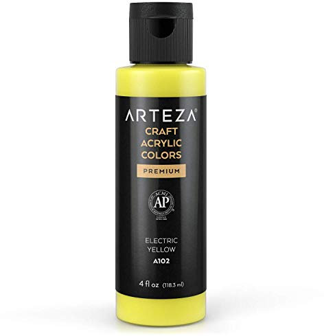 ARTEZA Peinture acrylique artisanale, A102 Jaune Électrique, bouteilles de 118 ml, à base d'eau, mélangeable, peintures acryliques mates pour des projets d'art et de bricolage sur toute surface