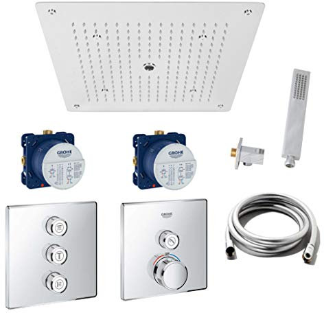 vanvilla Duschsystem mit Unterputz Duscharmatur von Grohe Thermostat Grohtherm Smartcontrol 4-Wege und vanvilla Regendusche mit Armatur mit Thermostat, Duschkopf eckig, Dusch-SET G44 poliert