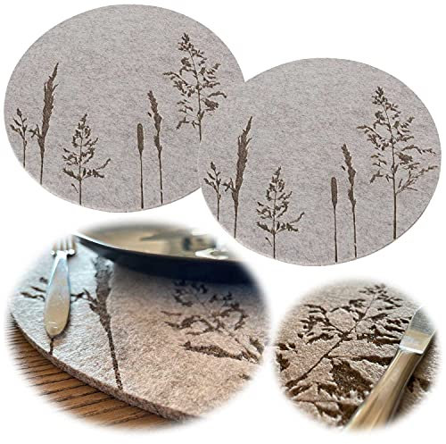 LS-LebenStil 2X Filz Tischset Gräser Grau 38cm Platz-Set Rund Platzdeckchen Platzmatte