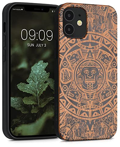 kwmobile Wood Case Compatible with Apple iPhone 12 mini Case - Cover - Mayan Calendar Light Brown/Black