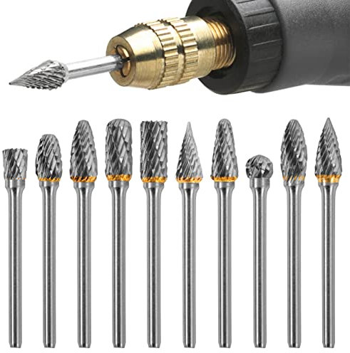 BLOSTM Rotary Burrs Set - 10pcs Tungsten Carbide Die Grinder Bits for Rotary Tool, 1/8 Inches Shank, Wear Resistant Files for Metal, Polishing, Drilling, Carving Burrs for Wood - 10 PACK