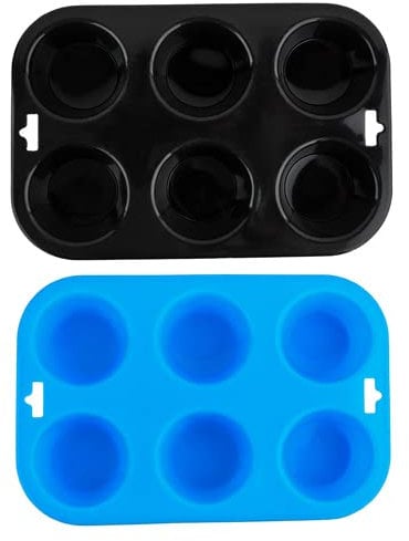 Selecto Bake 6 Cup Silicone Bun/Muffin Mould Cupcake Yorkshire Pudding Non Stick Tray Baking Black, Blue Pack of 2