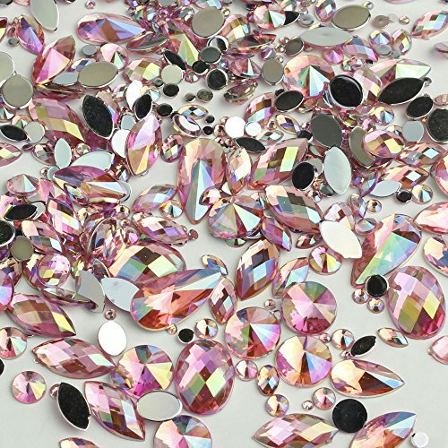15g Bag of Mixed 3mm-18mm Flat Back Iridescent Rhinestone Gems in a Variety of Shapes and Sizes (A2. Pink)