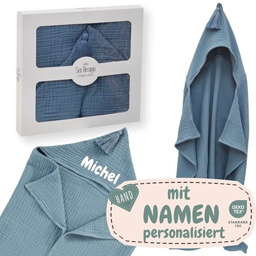 sei Design Musselin Bade-Poncho mit Kapuze Geschenke Baby,100% Bio Baumwolle, Babyhandtuch mit Kapuze Kapuzenbadetuch, Baby Erstausstattung Neugeborene Badeponcho Kinder