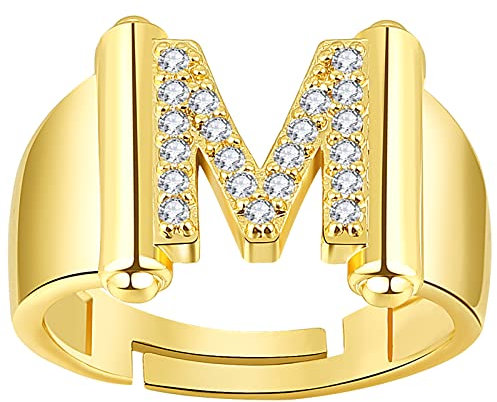 JewelryWe Schmuck Damen-Ring Buchstabe Ring Verstellbare Initiale Alphabet M Band Ringe mit Zirkonia Gravur Geschenk für Frauen Mädchen Gold