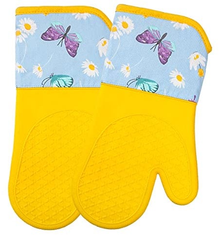 SiXsigma Sports Oven Gloves Heat Resistant Silicone Shell Waterproof - Quick Dry Oven Mitts for BBQ, Cooking, Baking And Grilling Set of 2 (Butterfly Daisy, 33X17 CM)