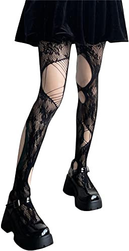 Plumdrop Collant gothique Harajuku sexy asymétrique en maille déchirée avec motif floral rose jacquard transparent