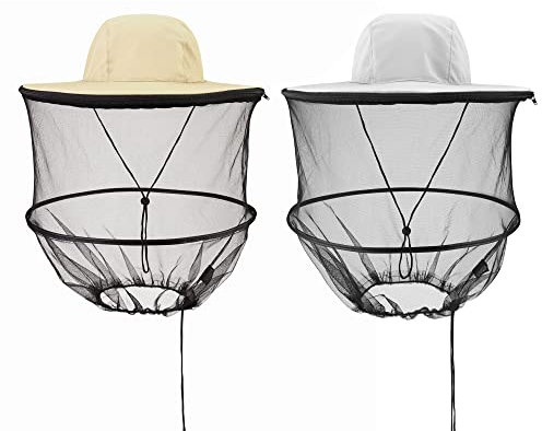 Mogokoyo 2 Stück Kopfnetz Moskito Sonnenhut mit Abnehmbar Mückennetz Bienenschutz Moskitoschutz UV Schutz Fischerhut für Männer Frauen Outdoor Gartenarbeit Dschungel Angeln (Beige&Hellgrau)