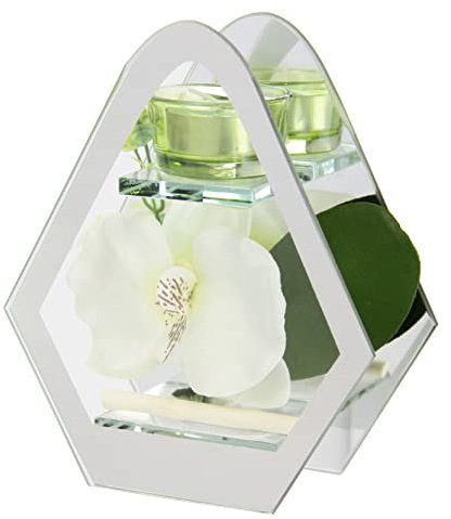 Teelichthalter aus Glas mit Teelicht-Kerze mit Blume Orchidee Kerzen Kerzenhalter Kerzenständer Tischdeko Teelichtglas Laterne Windlicht romantische Deko Deko-Objekt Hochzeitsdeko