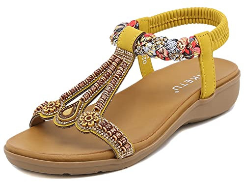 SMajong Sandali Bohemia Donna Estive Piatto Comode Infradito Strass Gioiello Moda Scarpe da Spiaggia con Elastiche Cinghia