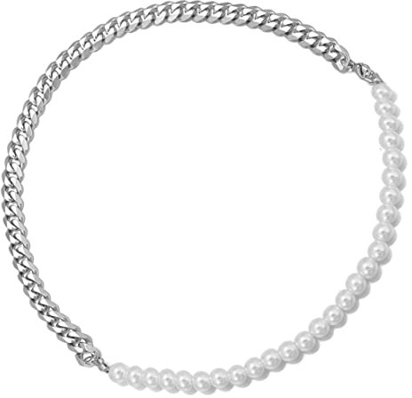 LEEQ Herren Perlenkette Halbperle Halbkette Edelstahl Silber Kubanische Kette 22