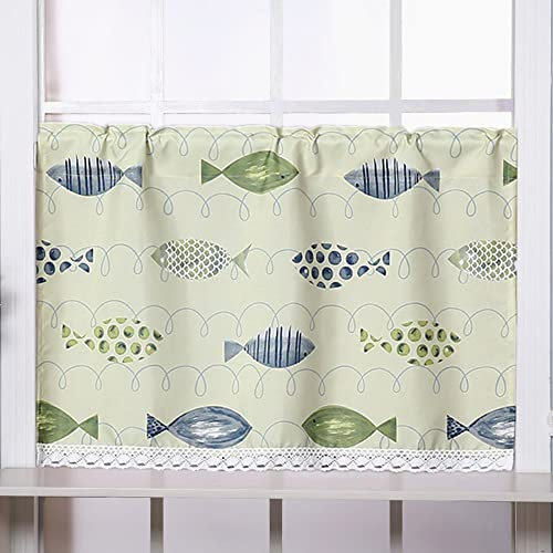 BIRLD Kurze Küchengardine Modern Scheibengardine Bistrogardine Für Cafe Zimmer Kleiner Fische Muster Kurzgardine Halbtransparent, Maritimen Motiv (Color : Green, Size : WxH/120x40cm)