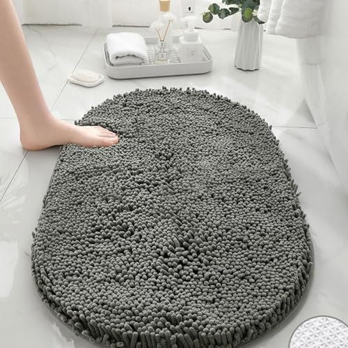 Mateju Tapis de Bain Antidérapant, Ovale Tapis Salle de Bain Absorbant en Microfibre Chenille Tapis de Douche, Doux et Confortable Tapis de Sol Lavable (50x80CM,Gris argenté)
