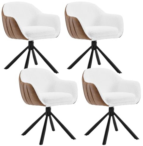 WOLTU Esszimmerstühle drehbar 4er Set, Stuhl Esszimmer, Drehstuhl, Armlehnstuhl, Küchenstühle mit Armlehnen, Polsterstuhl, Sessel, Kunstleder Chenille Metallbeine, Weiß Braun, EZS04ws-4