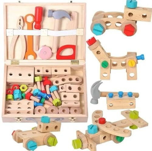 Caja de Herramientas Madera 54 piezas Juguete Montessori niños 3 4 5 6 años | Juego Infantil Creativo Motriz Construcción con Maletín de Transporte | Banco de accesorios educativo para niña y niño |