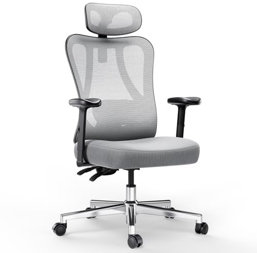 Hbada Silla de Oficina ergonómica, Silla de Escritorio de Malla Con reposacabezas, Soporte Lumbar, Silla de Ordenador reclinable de ángulo Grande, Respaldo de Malla elástica, Grau