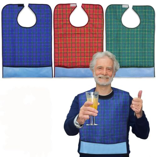 Zhixifan 3 Stück Lätzchen für Erwachsene mit Krümelfänger, Klettverschluss, Waschmaschinenfest, für Männer, Frauen, Ältere Menschen und Behinderte(Blau+Rot+Grün)
