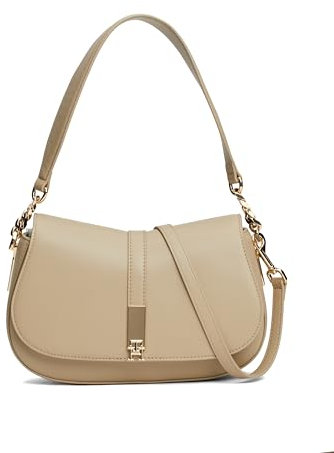 Tommy Hilfiger Damen Leather Saddle Shoulder Bag with Removable Crossbody Strap Satteltasche, Beige