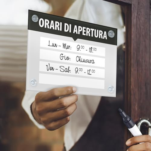 Cartel de aviso de horario de apertura, flexible y personalizable con el texto deseado, A4, cristal acrílico, 4 ventosas