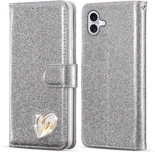 KP TECHNOLOGY Case for iPhone 16, Premium Shiny Bling Glitter Loving Heart Book Flip Stand Wallet Card Phone Case for iPhone 16 (SILVER)