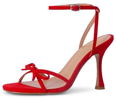 iiimmu Women's Bow Heels 4 IN Stiletto Heeled Sandals for Women Round Open Toe Sandals Elegant Summer Heels Soft PU Leather/Faux Suede, Suede-red, 9 UK