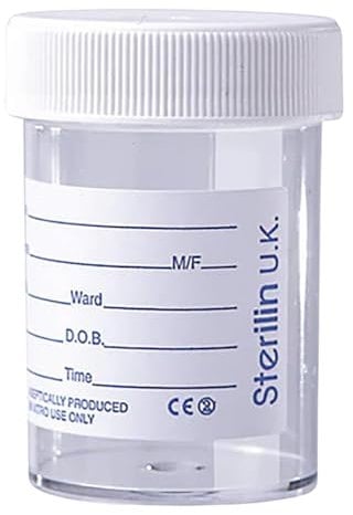 10 x Sterilin Urine Sample Bottles Specimen Pot Graduated Container with Lid & Printed Label 60ml for Urine Medical Collection Suitable For NHS Spill Proof