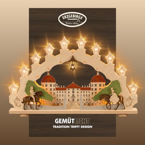 weigla - Schwibbogen original Erzgebirge I Motiv Moritzburg I Lichterbogen Weihnachten I 15 Lampenkerzen + 1 Ersatzlampe I 15 x 16 V, 3 W, E10 I beleuchtete Weihnachtsdeko innen I aus Holz