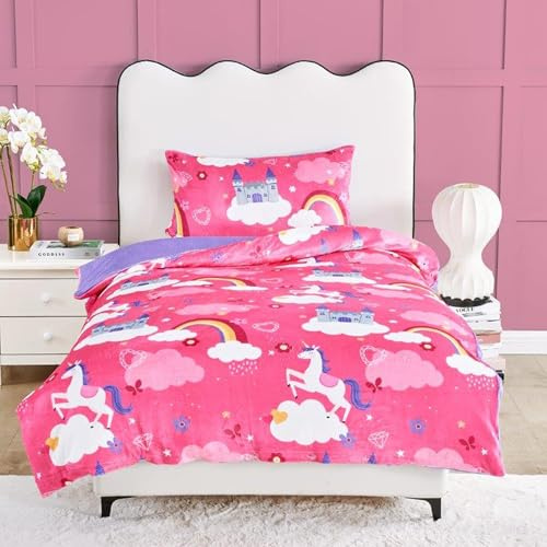 Lions - Unicorn - Teddy Fleece Bedding - Single Duvet Cover Set (137x200cm) with Pillowcase - Soft Reversible Warm Cosy Printed Quilt Covers for Boys Girls, Kids Pink Bed Sets