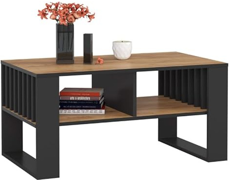 BDW - Couchtisch - Sofatisch mit offenem Regal Lamellen, Ablage - 92 x 45 x 53 cm Beistelltisch, Lowboard - Wohnzimmer, Modern - Stubentisch - Truhentisch - Holzwerkstoff (Eiche Craft/Schwarz)
