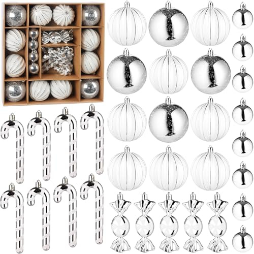 BRUBAKER 33-piece Christmas Bauble Set - Christmas Tree Decorations with Baubles, Candy Canes, and Sweets - Modern Decoration Tree Baubles - Hanging Ornaments for Christmas Tree - Silver and White