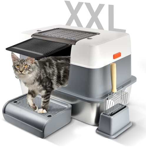 Bartuke arenero Gatos Cubierto, Caja de Arena para Gatos XXL de Acero Inoxidable para Gatos Grandes, Caja de Arena extraíble de 3 Capas con Tapa y Pala y Pedal, sin Olor, fácil de Limpiar, Gris