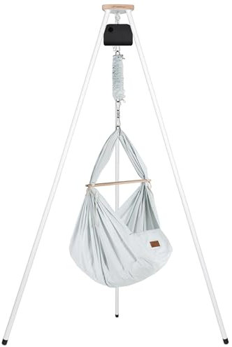 SCHMUSEWOLKE Federwiege Bio AirGrey mit Tipi Weiß und Anthrazit Motor - für Babys ab Geburt bis 15 kg - Federwiegen-Set mit Gestell und Motor - mit Schafwollmatratze