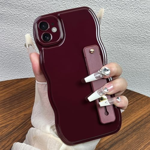 Potok Compatible with iPhone 11 Case, Cute Aesthetic Wavy Phone Case Wine Red with Adjustable Wrist Strap Kickstand, Soft Silicone Protective Cover for iPhone 11