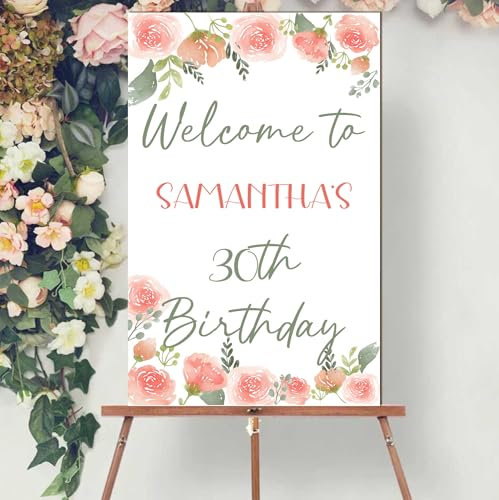 Personalised Happy Birthday Welcome Sign – Custom Name Age Date, Adult Party Decoration Photo Display Keepsake Board - 7 Design Styles (Peach Roses)