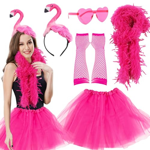 JWTRSVTY 5PCS Flamingo Kostüm Damen, Karneval Flamingo Kostüm Mädchen Damen, Flamingo Accessoires Damen, mit Pinker Tüllrock Damen, Liebesbrille, Federschal, Flamingo Haarreif, Rosa Handschuhe