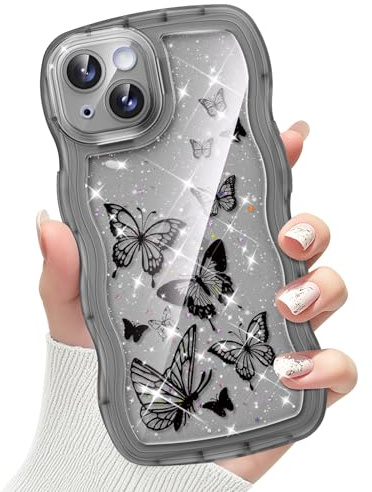 CASBST Compatible with iPhone 13 Case for Women Girls, Cute Curly Wave Frame with Bling Glitter Butterfly Pattern, Full Camera Protection, Slim TPU Aesthetic Clear Phone Case for iPhone 13, Black