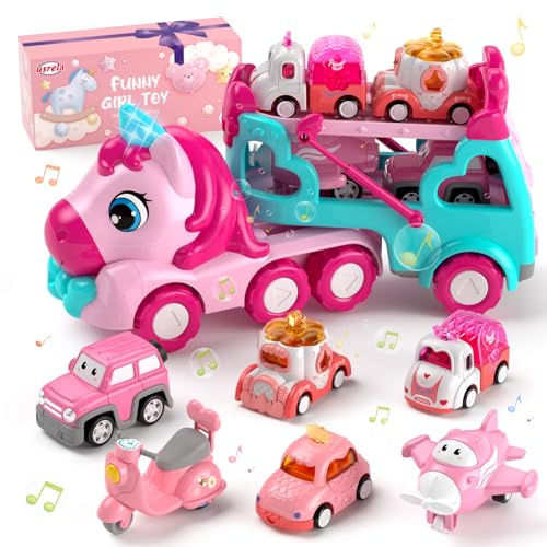usrela Car Toys for 2 Year Old Girl, Trucks W Lights Music, Birthday Gift | Carrier Truck for Girls Toys Friction Power Light & Sound Toy Cars For 2-3 Birthday Girl Gifts 6 Cars