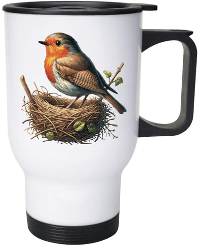 Azeeda 'Robins Nest' Travel Mug - 400ml (14oz) (MG00084128) | White Reusable Coffee Cup for Work, Commuting, Cars and Travel