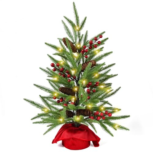 Mini Christmas Tree, Artificial Tabletop PE Tree, Small Xmas Trees with PE Branches and Red Burlap Bag Base for Christmas Decorations 60CM