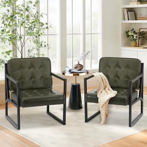 COLAMY Mid Century Modern Accent Chair Set of 2, Comfy Living Room Armchair with Metal Legs, Faux Leather Reception Arm Chair for Living Room Bedroom Reception Office, Green