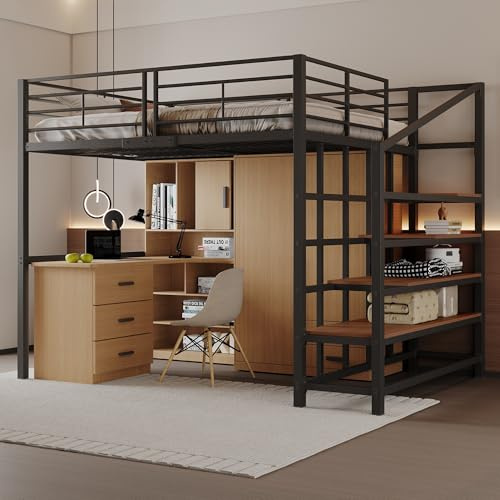 kozamas Hochbett Stauraumbett Metallbett, Treppeintegrierung Unterbettstauraum, geräumige Aufbewahrung, 140x200cm Schwarz, für Mehrbettzimmer kleine Wohnungen