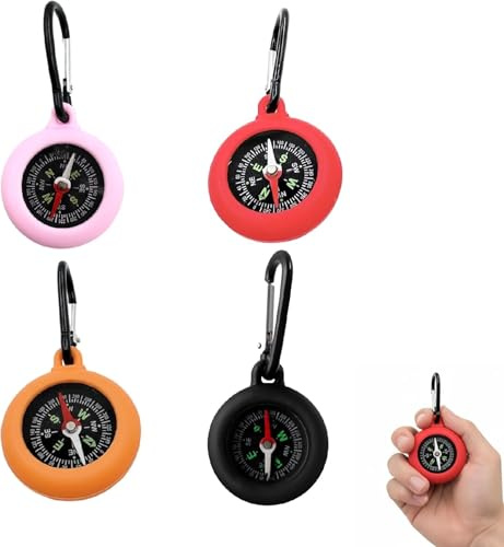 4 Stück Kompass Kinder, Kompass Schlüsselanhänger, Kompass Outdoor, Für Camping Wandern Reisen, Kinderfreundliche Farben Rot Schwarz Pink Orange