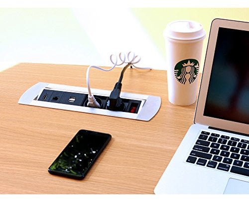Multi Tischsteckdose 2 x Schuko Steckdose 2 x USB 1 x RJ45 1 x HDMI mit Schalter voll verkabelt Alu
