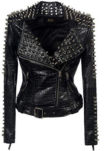 SX Damen Punk Kunstlederjacke Nieten Mode Streetwear Motorrad Mantel - Schwarz (Schwarz, XL)