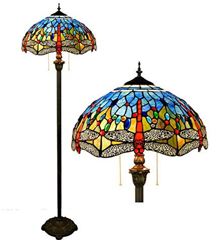 GDLight Tiffany Style Dragonfly Reading Floor Lamp Mediterranean Blue Stained Glass Floor Lamp with Pull Chain for Bedroom Living Room, 63 Inch Tall