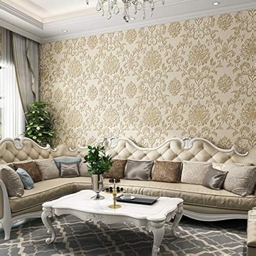 10X0.53M Vivid 3D Vintage Luxury Gold Damask 5 Colors Embossed Textured Non-Woven Wallpaper Roll for Bedroom Livingroom 1.73' W x 32.8' L=5.3㎡ (57sq.ft) (Beige)