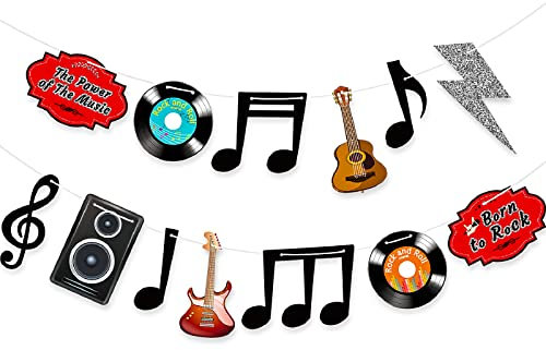 Music Themed Party Decorations Music Notes Banner 1950‘s Rock and Roll Party Decorations Retro Record Wall Hanging Garlands Guitar Cutouts for 50s Karaoke Classroom Baby Shower Wedding Birthday Decor